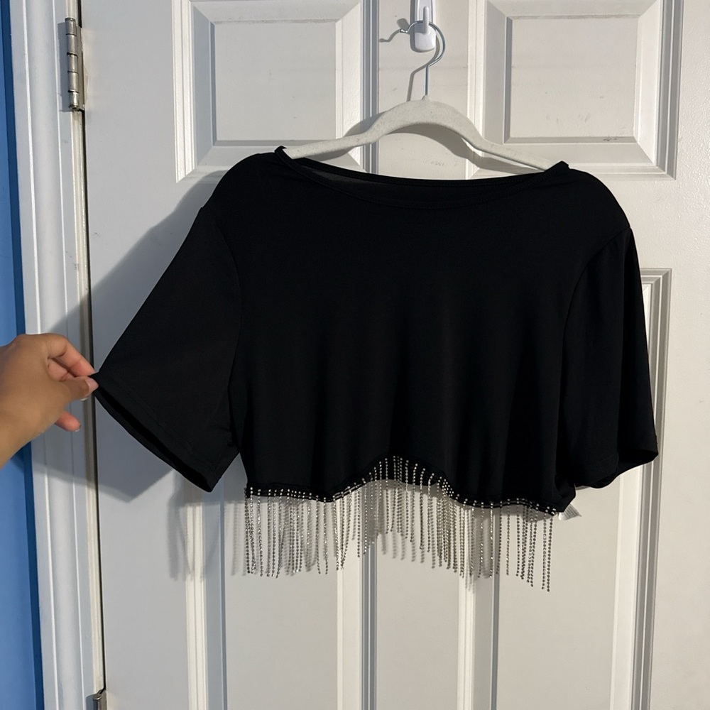 SHEIN Black Crop Top with Silver Fringe